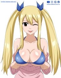 1girls bare_shoulders bbw big_breasts blonde_hair blue_bikini blue_bikini_top blue_bra bra brown_eyes busty cleavage clothed clothing cute eyelashes fairy_tail female female_focus female_only flashing flashing_breasts front_view hair_ribbons hi_res high_quality high_resolution highres large_breasts light-skinned_female light_skin long_hair looking_at_viewer lucy_heartfilia one_eye_closed pale-skinned_female pale_skin pigtails pinup ribbons sideboob solo solo_female solo_focus sweater tease teasing teasing_viewer tongue tongue_out twintails underboob undressing vash_over very_high_resolution very_long_hair white_background wink winking_at_viewer