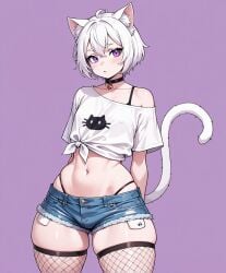 ai_generated bell_collar bikini black_bikini cat_ears collar femboy fishnet_legwear fishnets jean_shorts long_hair long_tail male purple_background purple_eyes shirt t-shirt tail topwear white_ears white_hair white_shirt white_t-shirt white_tail