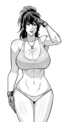 1girls abs bbw big_breasts black_and_white bra busty cirenk cleavage curvaceous curvy curvy_female curvy_figure dog_tags ear_piercing ear_ring earrings female female_focus female_only gloves hi_res high_quality high_resolution highres hips hourglass_figure ikari_warriors jewelry king_of_fighters kof large_breasts leona_heidern lips lipstick makeup monochrome necklace panties parted_lips pinup ponytail pose posing salute snk solo solo_female solo_focus sports_bra standing the_king_of_fighters thighs thong tied_hair toned toned_body toned_female underwear very_high_resolution white_background wide_hips