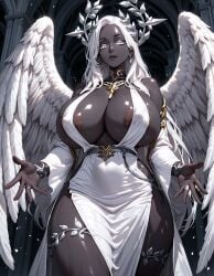 ai_generated angel angel_wings areolae bare_shoulders big_breasts black_lipstick black_skin breasts breasts_bigger_than_head calm cleavage covered_nipples curvy curvy_body curvy_female curvy_figure curvy_hips dark-skinned_female dark_skin deep_cleavage ebony elegant goddess goddess_asteria_(starlightnex) halo huge_areolae huge_breasts huge_nipples laurel_crown long_hair massive_breasts mature_female milf mommy nipple_bulge nipples original original_character revealing_clothes sideboob silver_eyes slim_waist starlightnex thick_ass thick_hips thick_legs thick_lips thick_thighs thighs white_dress white_eyebrows white_eyelashes white_eyes white_hair wholesome wide_hips