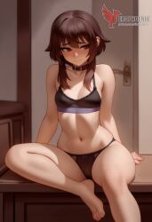 1girls 2d ai_generated ass back bare_shoulders barefoot big_ass bra brown_hair collar erophoenix female female_focus full_body kono_subarashii_sekai_ni_shukufuku_wo long_hair looking_at_viewer megumin pale_skin pale_skinned_female panties patreon_username red_eyes short_hair sitting small_breasts smile soles solo thick thick_thighs uncensored underwear