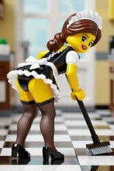 ai_generated back_view black_panties black_thighhighs broom brown_hair cleaning freckles freckles_on_face from_behind kitchen lego lipstick long_hair looking_at_viewer looking_back maid maid_headdress maid_uniform miniskirt panties ponytail red_lipstick stockings tagme yellow_skin