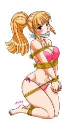 1girls artist_request barefoot bikibi blonde_hair blue_eyes bondage boobs bound_and_gagged breasts cleave_gag clothed comic damsel_in_distress feet female female_only female_solo gagged hands_tied hands_tied_in_front ponytail rope rope_bondage solo solo_female solo_only sonya tied_up