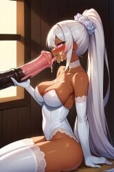 ai_generated bare_shoulders blush breasts bridal_veil choker cleavage collarbone cum cum_on_body cum_on_breasts cum_on_upper_body dark_skin elbow_gloves eyebrows_visible_through_hair facial female flower from_side gloves hair_flower hair_ornament highleg large_breasts leotard long_hair open_mouth penis ponytail purple_eyes sitting straight thighhighs tongue veil very_long_hair white_gloves white_hair white_legwear