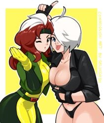2girls angel_(kof) anna_marie bare_thighs bbw belt big_breasts bimbo black_gloves black_panties black_thong black_underwear blowing_kiss blue_eyes bob_cut bodysuit brown_hair busty cleavage crop_top crossover cute eastern_and_western_character female female/female female_focus female_only fingerless_gloves gloves hair_over_one_eye hand_on_head headband hi_res high_resolution highres hips hourglass_figure jacket king_of_fighters kof large_breasts leather_jacket light-skinned_female light_skin looking_at_viewer marvel marvel_comics medium_hair messy_hair pale-skinned_female pale_skin panties pinup rogue_(x-men) selvish94 shoulder_length_hair skimpy skimpy_clothes snk tease teasing teasing_viewer the_king_of_fighters thick_thighs thighs thong thunder_thighs tight_clothing tongue tongue_out underwear very_high_resolution voluptuous voluptuous_female white_hair white_highlights wide_hips x-men