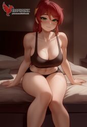 1girls 2d abs ai_generated ass big_ass big_breasts breasts cleavage erophoenix female female_focus full_body green_eyes looking_at_viewer navel patreon_username ponytail pyrrha_nikos red_hair rwby solo solo_female thick thick_thighs uncensored