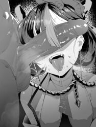 1boy blush breath clothed_female_nude_male collar erection female goddess_of_victory:_nikke greyscale hair_ribbon hand_on_another's_head highres large_penis leash monochrome multicolored_hair nude nyahpa20 open_mouth penis penis_on_face penis_over_eyes ribbon short_hair straight streaked_hair sweat syuen_(nikke) testicles tongue tongue_out uncensored