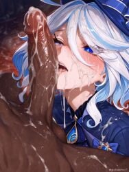 1boy 1girls ai ai-created ai-generated ai_art ai_assisted ai_generated blowjob bukkake cum cumshot dark-skinned_male dark_skin furina_(genshin_impact) genshin_impact