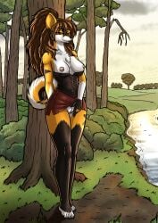 absurd_res anthro bottomwear brown_hair canid canine canis clothed clothing domestic_dog exposed_vagina fantasy female fur genitals german_spitz hair hi_res large_spitz madlaine_mckraven mammal medieval miniskirt ponytail presenting pussy red_eyes showing_pussy showing_vagina skirt spitz the_quest_for_quests tqfq white_body white_fur yellow_body yellow_fur zaiksmckraven