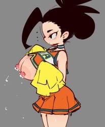 ... 1girls areolae black_eyes black_hair blush boku_no_hero_academia breasts breasts_out casual_exposure cheerleader cheerleader_uniform choker crop_top female female_focus female_only ineffective_clothing jellot lactation lactation_without_expressing large_areola large_breasts long_hair momo_yaoyorozu my_hero_academia nipples pom_poms ponytail skirt solo solo_female solo_focus thighs
