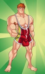 1boy armpit_hair ball_bulge balls balls_in_clothing barefoot biceps big_balls big_pecs blush bulge bulge_under_clothes bulging_biceps cheek_bones circumcised erection erection_bulge erection_under_clothes feet giant_cock grabbing_own_penis gripping_cock hand_in_pants huge_pecs huge_pectorals looking_at_viewer male male_focus male_only muscles muscular muscular_arms muscular_legs muscular_male muscular_thighs nipples orange_hair pecs pectorals penis penis_peek precum shiny_skin singlet singlet_only skimpy_outfit smirk solo solo_focus solo_male thick_thighs wade_(class_comics) wrestling_singlet yuunsfw