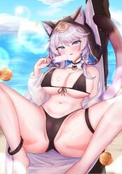 absurdres animal_ear_fluff animal_ears barefoot beach bikini black_bikini blue_eyes blue_sky breasts cameltoe cat_ears cat_girl cat_tail cipher_(honkai:_star_rail) coin commentary_request covered_nipples feet_out_of_frame female food gold_coin grey_hair highres holding holding_food holding_popsicle honkai:_star_rail honkai_(series) korean_commentary large_breasts m_legs min1910 navel ocean outdoors popsicle short_hair sky solo stomach swimsuit tail wet