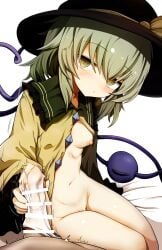 1boy absurdres bar_censor black_hat blush bottomless breasts censored closed_mouth commentary_request cum cum_in_clothes cum_through_clothes erection female green_eyes green_hair hagure_kedama handjob hat heart heart-shaped_pupils heart_of_string highres komeiji_koishi long_sleeves looking_at_viewer motion_lines navel nipples open_clothes open_shirt paid_reward_available panties panties_on_penis pov pov_crotch shirt short_hair small_breasts solo_focus straight symbol-shaped_pupils textless_version third_eye touhou underwear unworn_panties white_panties yellow_shirt