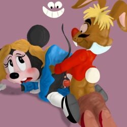 alice_in_wonderland anthro anus apron ass bent_over black_body black_nose blonde_hair blush bottomwear bottomwear_down brown_body buckteeth cheshire_cat_(disney) clothed clothing cosplay disney dress female footwear genitals group hair hi_res lagomorph leporid long_ears looking_back mad_hatter male male/female mammal minnie_mouse mouse mousetache murid murine no_underwear pants pants_down partially_clothed rabbit red_nose rodent sex shirt shoes socks tail tan_body tan_skin teeth topwear trio vulva wig