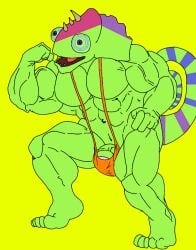 anthro_on_anthro bara biceps blue_sclera buff bulge bulge_through_clothing bulge_through_swimsuit bulge_through_underwear bulge_under_clothes bulge_under_swimsuit chameleon chameleon_humanoid chameleon_tail clothed color colored colored_skin colored_tail comic ethereal ethereal_island ethereal_monster flex flexing flexing_arm flexing_muscles gay green_body green_skin imageboard kazilleon kazilleon_(my_singing_monsters) lime_background lizard mankini muscular muscular_male orange_mankini orange_thong pecs penis purple_eyes purple_pupils sexy smiling thong traced traced_art yellow_background