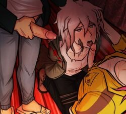 3boys blush clothing cum danganronpa gay gay_sex kazuichi_souda male_only nagito_komaeda nidai_nekomaru precum tongue_out