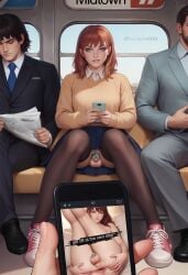 1boy ai_generated chastity_cage femboy flat_chastity_cage leaking_precum pov precum public secretivethoughts_(artist) short_hair texting thighhighs train train_interior upskirt