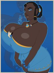 1girls african african_female big_breasts black_hair blue_eyes breasts cleavage clothing dark-skinned_female dark_skin dress female female_only hips huge_breasts looking_at_viewer neozoa nimeesha nz_naughty simple_background solo wide