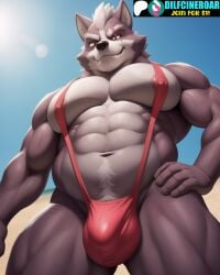 ai_generated anthro bara beach buff furry hand_on_waist looking_down magenta_mankini mankini pink_mankini red_eyes red_mankini red_pupils sand scar sexy sky smile smiling star_fox sun water wolf wolf_o'donnell