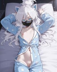 ai_generated black_mask blue_eyes blush cat_ears cat_tail colored_eyelashes deux_murasame dildo_under_mask female freckles grey_hair gundam gundam_gquuuuuux hair_bun highres long_hair mask masked mouth_mask nimona1491_(artist) petite purple_pupils pussy shoulder_blades simple_background updo white_background white_eyelashes white_hai