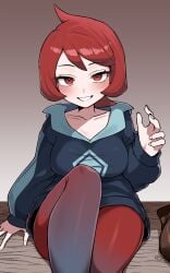 absurdres arezu_(pokemon) arm_support bench blush breasts collarbone commentary cowlick eyelashes female grin hahyaha hand_up happy highres jacket long_sleeves looking_at_viewer medium_hair nintendo pantyhose pokemon pokemon_legends:_arceus red_eyes red_hair sitting smile solo teeth