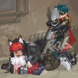 >_< 3boys all_fours animal_ears artist_name black_jacket blue_eyes censored clenched_teeth closed_eyes commentary_request cross_scar dated dog_boy dog_ears dog_tail earrings fangs gay gay_male heart heart-shaped_pupils highres hugging_tail jacket jewelry komano_manato leather leather_jacket lighter_(zenless_zone_zero) male_focus multicolored_hair multiple_boys open_mouth paid_reward_available radx26 red_scarf scar scar_across_eye scar_on_face scar_on_shoulder scarf seth_lowell symbol-shaped_pupils tail teeth tongue tongue_out white_hair yaoi zenless_zone_zero