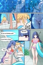 3girls air_bubbles bikini blonde_hair blue_hair blush blush exposed exposed_pussy fingering floater green_eyes licking licking_pussy marima666_(artist) moan moaning pool poolside purple_eyes pussy_ejaculation pussy_juice pussy_juice_drip swimming_goggles swimming_pool underwater water