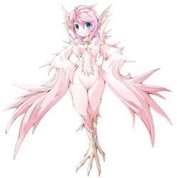 1girls blue_eyes blush breasts cameltoe claws cleavage copyright_request feathers frfr harpy jpeg_artifacts monster_girl pink_hair smile solo tail white_background wings