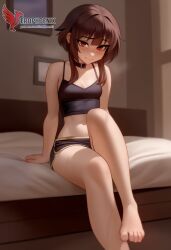 1girls 2d ai_generated ass back bare_shoulders barefoot big_ass bra brown_hair collar erophoenix female female_focus full_body kono_subarashii_sekai_ni_shukufuku_wo long_hair looking_at_viewer megumin pale_skin pale_skinned_female panties patreon_username red_eyes short_hair sitting small_breasts smile soles solo thick thick_thighs uncensored underwear