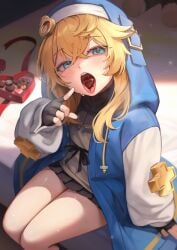 1girls absurdres androgyne_symbol black_gloves black_skirt blonde_hair blue_eyes box bridget candy chocolate chocolate_heart commentary_request feet_out_of_frame fingerless_gloves food gloves guilty_gear guilty_gear_strive habit hair_between_eyes hakusyokuto heart heart-shaped_box highres hood hooded_jacket jacket looking_at_viewer male_focus melting miniskirt multicolored_jacket pleated_skirt pointing sitting skirt solo steam sweat tongue tongue_out trans_woman two-tone_jacket valentine