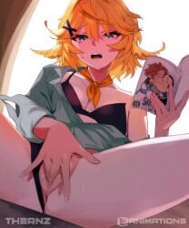 1girls 2d dokibird female highres loop losloslos_(lx3) masturbating_while_watching masturbation orange_hair panties_aside pussy pussy_juice pussy_juice_drip reading reading_book reading_pornography tagme tagme_(character) uncensored uncensored_vagina video