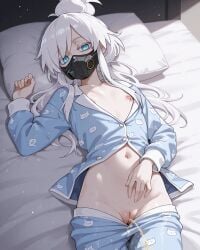 ai_generated black_mask blue_eyes blush cat_ears cat_tail colored_eyelashes deux_murasame dildo_under_mask female freckles grey_hair gundam gundam_gquuuuuux hair_bun highres long_hair mask masked mouth_mask nimona1491_(artist) peeing petite purple_pupils pussy shoulder_blades simple_background updo white_background white_eyelashes white_hai