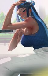 armpits bare_shoulders black_hair blue_eyes blue_hair blue_sweater blush breasts dark-skinned_female dark_skin earrings eyeliner female grin hair_bun haska_(user_gure4787) highres jewelry large_breasts long_hair looking_at_viewer makeup multicolored_hair nessa_(pokemon) nintendo pants pokemon pokemon_ss ribbed_sweater sidelocks single_hair_bun sleeveless sleeveless_sweater smile solo sweater two-tone_hair white_pants