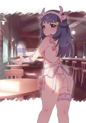 alternate_costume ass bare_arms bare_legs bare_shoulders bare_thighs bikini blue_eyes blue_hair blush cow_print dawn_(pokemon) hairband hairclip indoors long_hair parted_lips pokemon pondai_(toileet) side-tie_bikini_bottom thigh_strap thighs waitress
