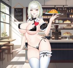 1girls coffee_shop female green_hair light-skinned_female light_skin maid maid_outfit maid_uniform seldea white_hair