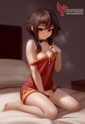 1girls 2d ai_generated ass back bare_shoulders barefoot big_ass bra brown_hair collar erophoenix female female_focus full_body kono_subarashii_sekai_ni_shukufuku_wo long_hair looking_at_viewer megumin pale_skin pale_skinned_female panties patreon_username red_eyes short_hair sitting small_breasts smile soles solo thick thick_thighs uncensored underwear