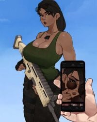1boy 1girls big_breasts black_hair breasts brown_eyes cellphone cleavage dark-skinned_female dark_skin dog_tags eyewear_on_head facial_hair female female_focus fortnite gloves green_tank_top gun large_breasts necklace phone sunglasses tank_top weapon
