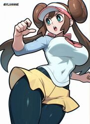 black_pantyhose blue_eyes blue_shirt breasts brown_hair cowboy_shot donut_hair_bun double_bun female hair_bun hat highres large_breasts nintendo pantyhose pantyhose_under_shorts pink_shirt poke_ball_print pokemon pokemon_bw2 print_shirt rosa_(pokemon) shirt shorts simple_background solo visor_cap white_background white_hat white_shirt yellow_shorts ylvanne