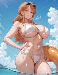 1girls ai_generated alex-schura alex_schura armpits bangs bare_arms bare_shoulders beach bikini bikini_bottom blue_sky blush breasts brown_eyes clavicle cleavage closed_mouth clothing cloud cloudy_sky curvaceous curvaceous_female curvaceous_figure curvy curvy_figure day earrings exhibitionism eyewear eyewear_on_head female female female_focus female_only halterneck hand_on_hip hand_on_own_hip holding holding_innertube huge_breasts innertube inviting inviting_to_sex jewelry large_breasts lips long_hair looking_at_viewer nami_(one_piece) navel ocean one_piece orange_eyes orange_hair outdoor_nudity outdoors outside partially_submerged presenting presenting_ass presenting_breasts presenting_hindquarters presenting_self seductive seductive_look seductive_smile shiny_skin side-tie_bikini side-tie_bikini_bottom side-tie_clothing side-tie_swimsuit sidelocks skindentation sky smile solo standing stomach string_bikini sunglasses sweat swim_ring swimsuit thick_thighs thighs underboob voluptuous voluptuous_female wading water wet white_bikini white_swimsuit wide_hips