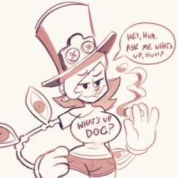 aged_up big_breasts big_hat black_and_white breasts cigar female_focus female_only gloves hand_on_hip large_breasts monamania peacock_(skullgirls) skullgirls talking_to_viewer text text_on_clothing text_on_shirt text_on_topwear thick thick_thighs thighs top_hat updog wide_hips