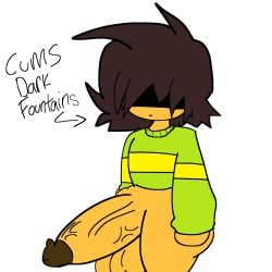 2025 afterdarkcircus ahoge arrow_(symbol) bottomless bottomless_male brown_hair comic fat_balls green_jacket kris_(deltarune) shadowed_eyes veins veins_on_dick veiny_penis yellow_stripes