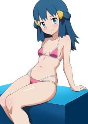 alternate_costume arm_support armpit_crease bare_arms bare_belly bare_legs bare_shoulders bare_thighs belly_button bikini blue_eyes blue_hair blush body_blush breasts cleavage closed_mouth collarbone dawn_(pokemon) hairclip long_hair mnkr98 pink_bikini pokemon shiny_skin sitting small_breasts smile thighs