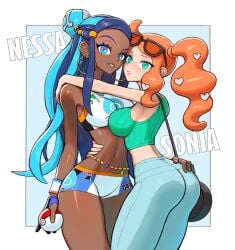 2girls aqua_eyes aqua_shirt belly_chain bikini black-framed_eyewear black_hair blue_eyes blue_hair blush breasts crop_top dark-skinned_female dark_skin datinsl dattosan earrings eyewear_on_head female gloves green_eyes hair_bun hair_ornament heart heart_hair_ornament highres hoop_earrings jewelry large_breasts long_hair looking_at_viewer multicolored_hair multiple_girls navel nessa_(pokemon) nintendo no_coat open_mouth orange-tinted_eyewear orange_hair pants pokemon pokemon_ss ribbed_shirt shirt side_ponytail single_glove single_hair_bun smile sonia_(pokemon) sunglasses swimsuit tankini tinted_eyewear two-tone_hair