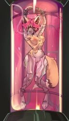 absurd_res anthro bondage bondage bound breasts bubble cuff_(restraint) cybernetic_arm cybernetic_leg cybernetic_limb cybernetics cyberpunk ear_piercing female flask fur genitals hair hi_res hyena liquid looking_at_viewer machine mammal mask mask_only medical_instrument niktarin nude oxygen_mask piercing pink_eyes pink_hair pussy restraints scientific_instrument solo striped_body striped_fur striped_hyena stripes underwater water wearing_mask wire wire_bondage