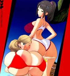 3d 3d_(artwork) ann_takamaki areola areola_slip areolae areolae_slip beach bikini bikini_top black_hair blonde_hair blue_eyes bulging_breasts huge_ass huge_breasts koikatsu large_ass large_breasts looking_at_viewer massive_ass massive_breasts one-piece_swimsuit persona persona_5 persona_5_royal ponytail shiho_suzui swimsuit twintails ulttiddyenjoyer winking_at_viewer
