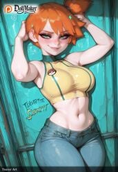 ai_generated armpits arms_up bare_shoulders blush breasts crop_top denim dollmaker dollmaker_(artist) female hair_ornament jeans kasumi_(pokemon) midriff navel orange_hair pants patreon_username side_ponytail smile solo star_(symbol) star_hair_ornament tagme toned watermark web_address
