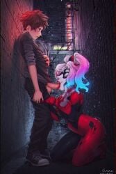 ai_generated batman_(series) blowjob dc_comics fellatio harley_quinn kneeling oc older_female original_character perchance_ai younger_male