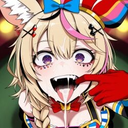 1girls after_fellatio ai_generated blonde_hair cleavage crazy_eyes cum cum_in_mouth cum_on_hair cumdrip facial fox_ears fox_girl hat hololive large_breasts omaru_polka pink_hair purple_eyes virtual_youtuber