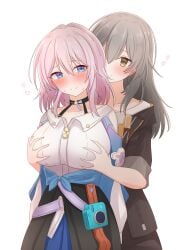 2girls blush breast_grab breasts camera chiaki_himanagi female female_only grabbing grabbing_another's_breast grabbing_breasts grabbing_from_behind heart heart honkai:_star_rail large_breasts long_hair march_7th_(honkai:_star_rail) masurao19 pink_hair simple_background stelle_(honkai:_star_rail) white_background yuri