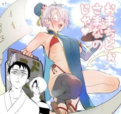 1girls alternate_costume big_breasts bikini bun_cover buretaro chinese_clothes double_bun fangs female female_focus full_body gegege_no_kitarou genderswap_(mtf) geta getakichi hair_ornament hair_over_one_eye ittan_momen kitarou kitarou_tanjou_gegege_no_nazo looking_at_viewer medama_oyaji_(human) mizuki_(gegege_no_kitarou) pelvic_curtain rule_63 sideboob single_thighhigh smile solo_focus squatting stirrup_legwear underboob white_hair youkai